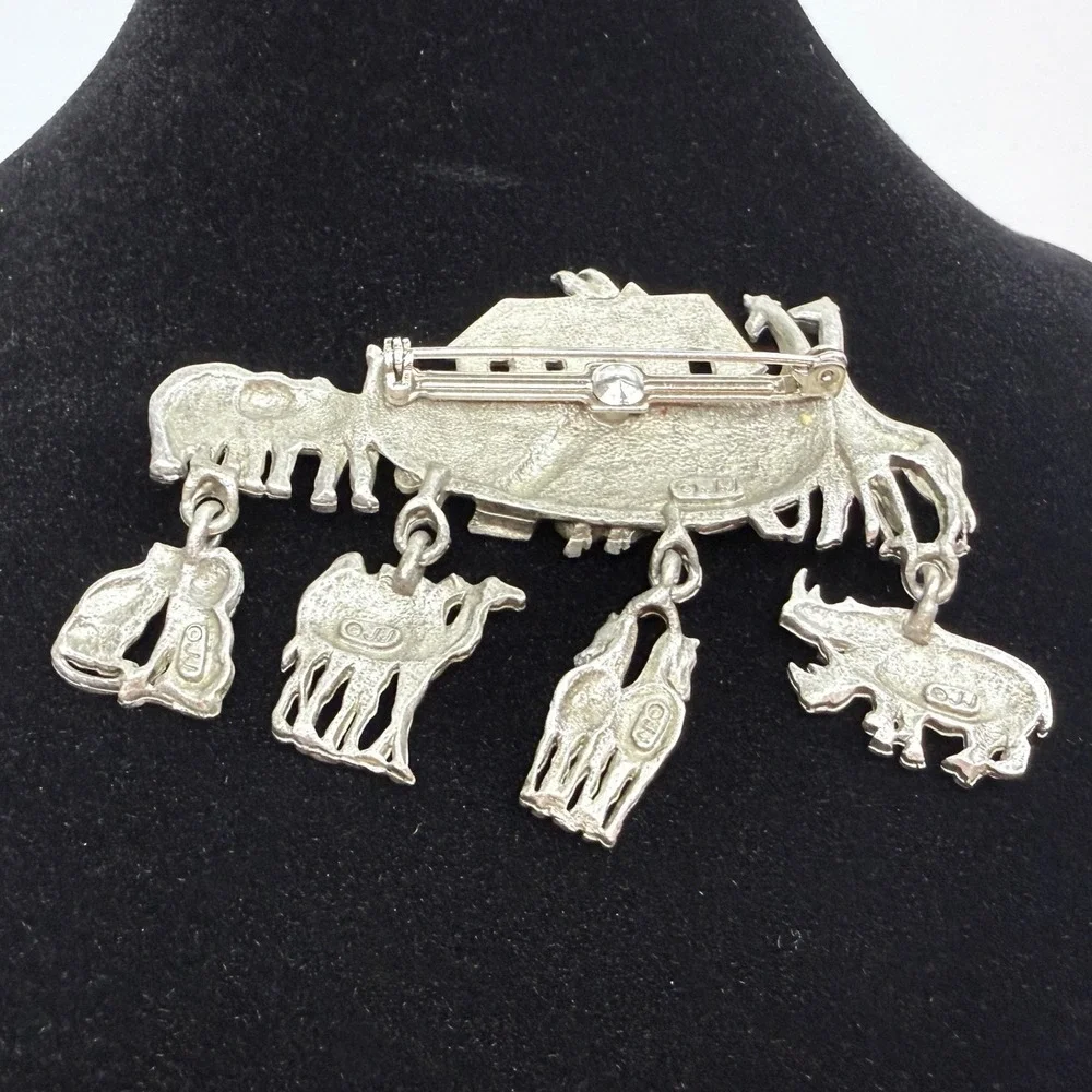 Vintage JJ Noah's Ark Animal Statement Brooch Pin Religious Silver Tone 2 3/4 in